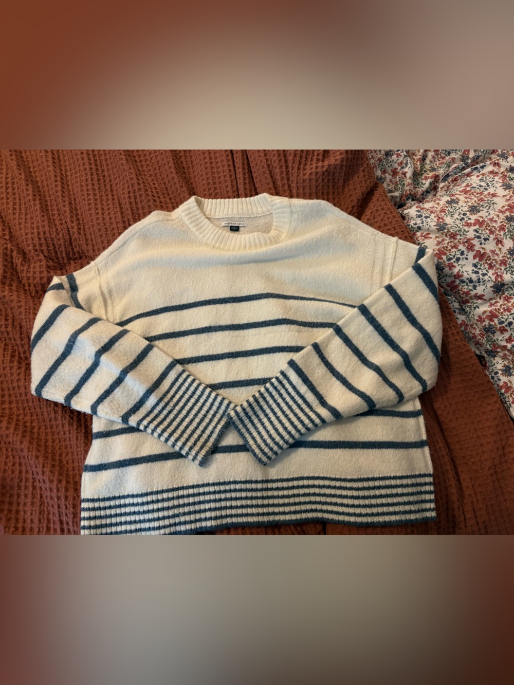 AE Cream & Blue Striped Crewneck Sweater